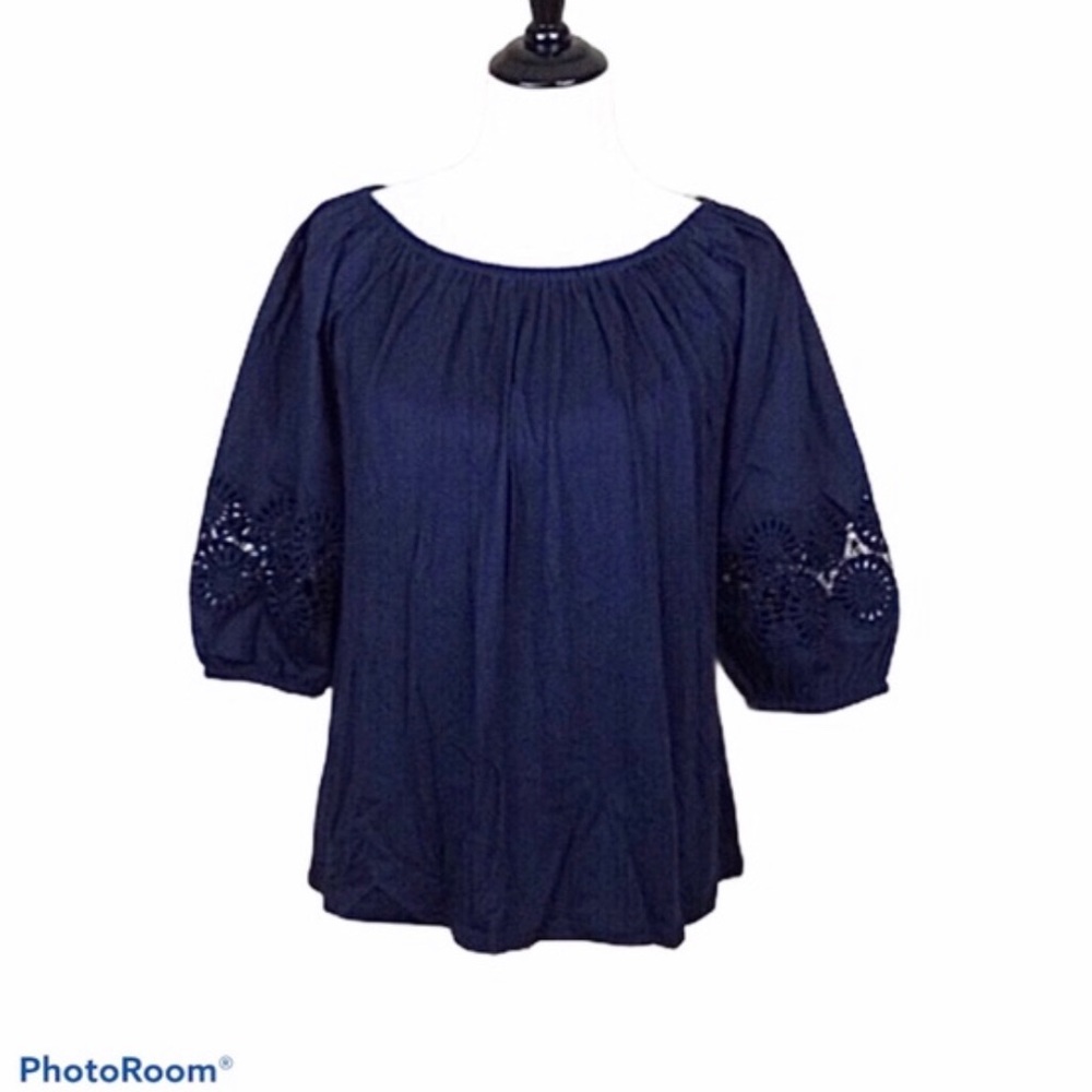 Loft off the shoulder 3/4 sleeve navy poplin blouse with lace inserts